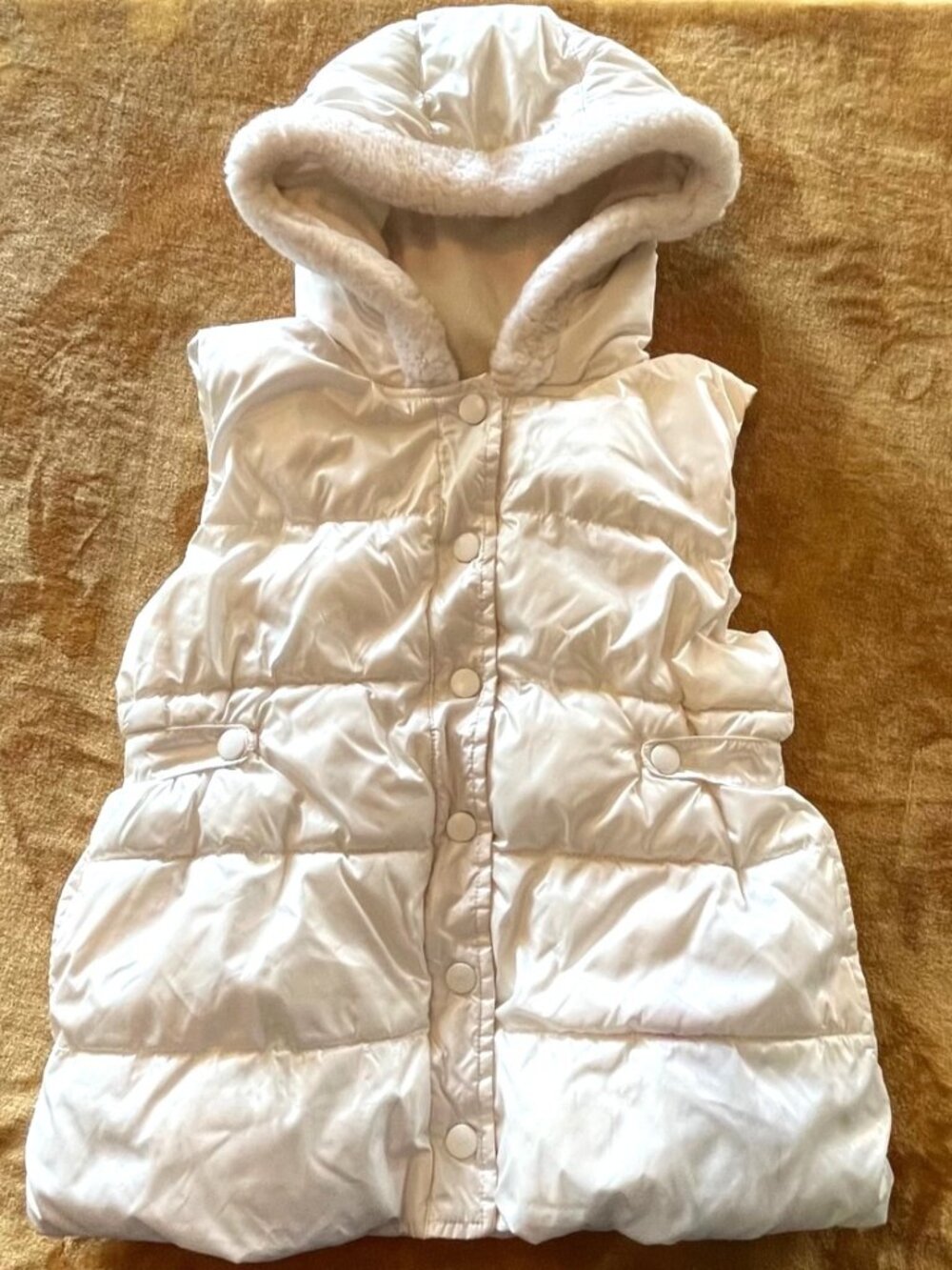 Gymboree White Puffer Vest Fleece Lined Girls 10-12 Pockets Faux Fur Trim Hood